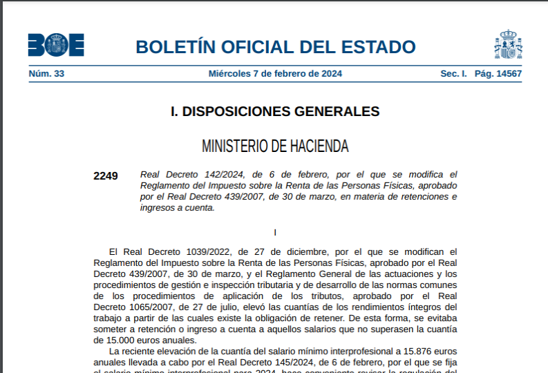 LAS RETENCIONES POR IRPF SE AJUSTAN AL INCREMENTO DEL SALARIO MÍNIMO INTERPROFESIONAL PARA 2024